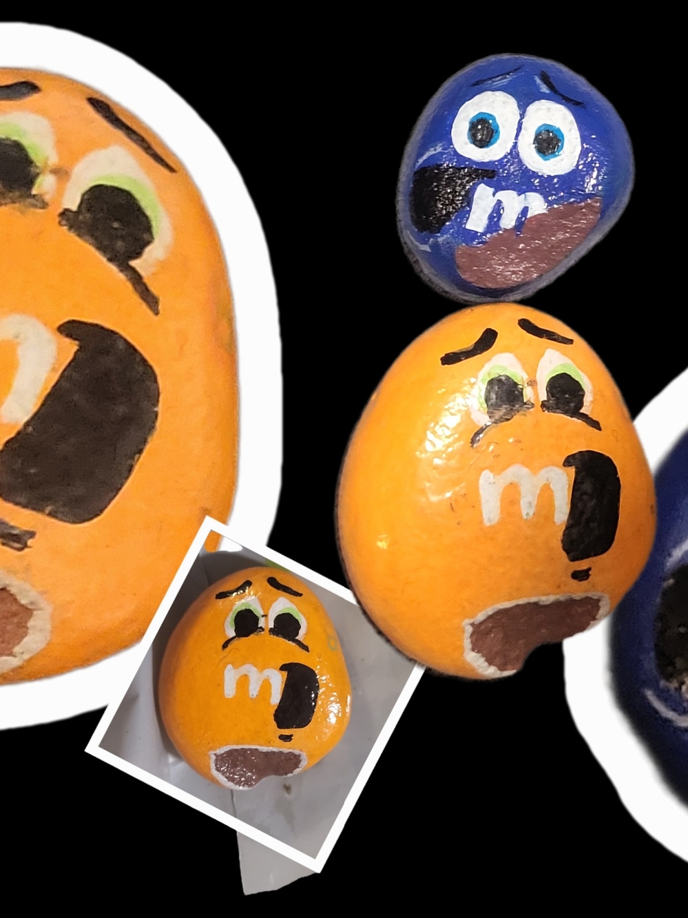 Silly Bitten M&M's Character Hand Painted Rock Set - Orange And Blue